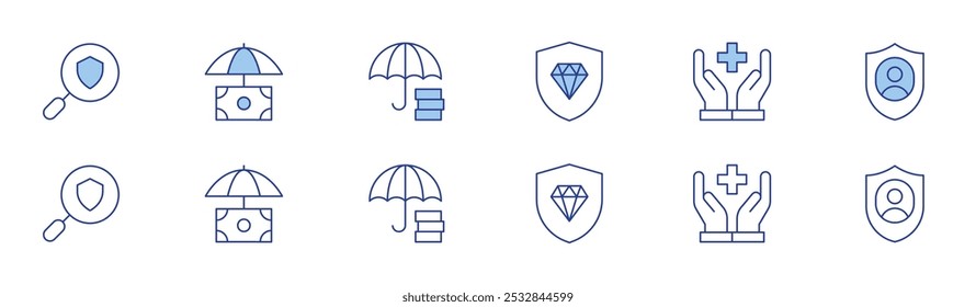 Insurance icon set in two styles, Duotone and Thin Line style. Editable stroke. jewelry, insurance, healthcare, customer.