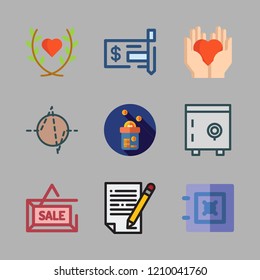insurance icon set. vector set about safebox, sale, donation and check icons set.