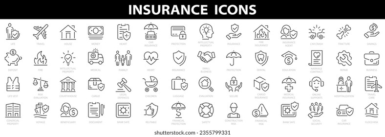 Insurance icon set.Insurance and assurance icon set. Outline icons collection. Vehicle, health insurance, beneficiary, repair, coffin, glasses and more. Simple vector illustration.