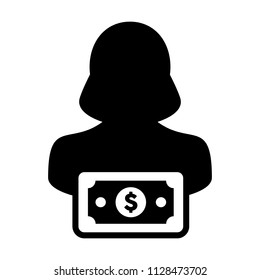 Insurance icon vector female user person profile avatar with dollar sign currency money symbol for banking and finance business in flat black and white glyph pictogram illustration