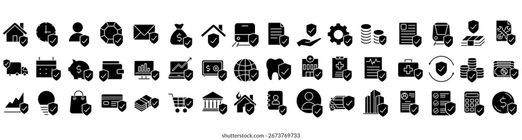 Conjunto de Vectores de iconos de seguros. colección de signos de ilustración actuarial. símbolo de póliza de seguros. logotipo de garantía.