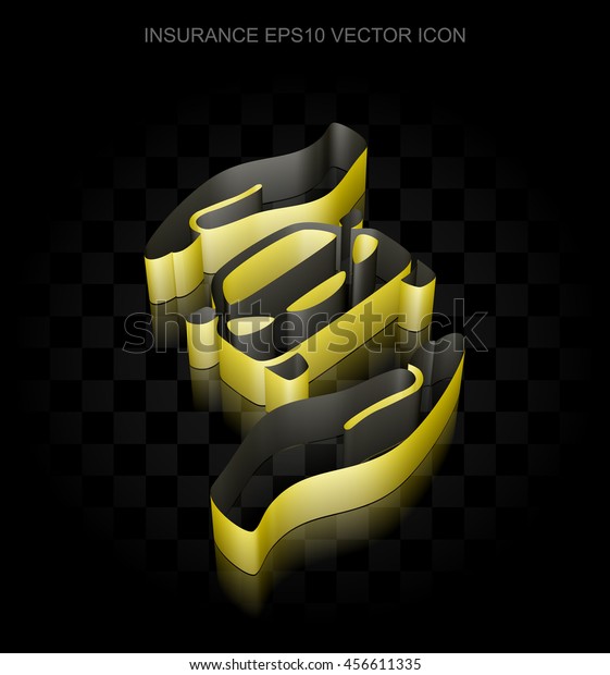 Insurance icon: Yellow 3d Car And Palm made
of paper tape on black background, transparent shadow, EPS 10
vector illustration.