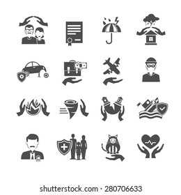 Insurance icons black set with family health property and finance protection symbols isolated vector illustration