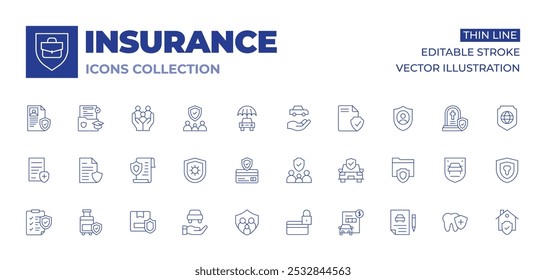 Insurance icons collection. Thin Line icons, editable stroke. accident, baggage, box, car, clipboard, confidential document, contract, coronavirus, credit card, family insurance, family.