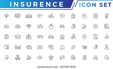 Insurance icons as insurance cover, home injury, accidental insurance. Insurance thin line icons set 