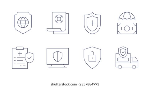 Iconos de seguros. trazo editable. Con protección, seguridad, paraguas, camioneta, seguros, protección global, seguro de salud.