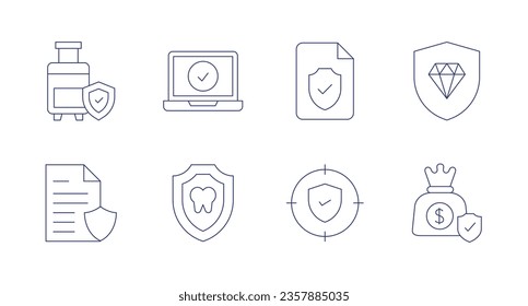 Insurance icons. editable stroke. Containing baggage, confidential document, jewelry, money bag, insurance, check, dental insurance.