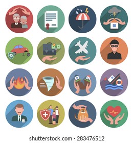 Insurance icons flat set with natural disasters health and property protection symbols isolated vector illustration