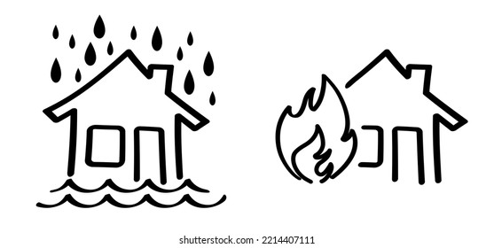 Insurance Icons. Home Fire, Water Damage. House, Home Line Pattern. Water Leak Pictogram. House Building In Flames Or Leakage. Home Fire Symbol. Safety First. Leak Roof House. Flooding And Rain.