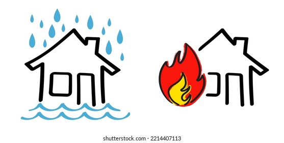 Insurance icons. home fire, water damage. House, home line pattern. Water leak pictogram. House building in flames or leakage. Home fire symbol. safety first. Leak roof house. Flooding and rain.