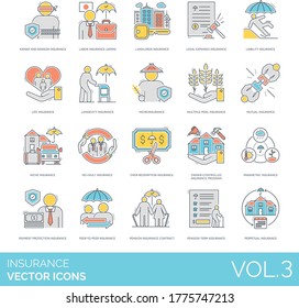 Insurance icons including kidnap and ransom, labor, landlord, legal expenses, liability, life, longevity, microinsurance, multiple-peril, mutual, niche, owner-controlled program, parametric, perpetual