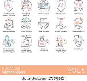 Insurance icons including total permanent disability, trade credit, travel, tuition, UCC, uninsured, vehicle, wage, war risk, weather, workers accident compensation, employer defense, zombie fund.