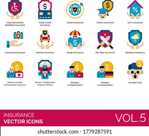 Insurance icons including total permanent disability, trade credit, travel, tuition, UCC, uninsured, vehicle, wage, war risk, weather, workers accident compensation, employer defense, zombie fund.