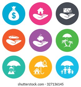 Insurance icons. Life, Real estate and House signs. Money bag, family and travel symbols. Flat circle buttons. Vector