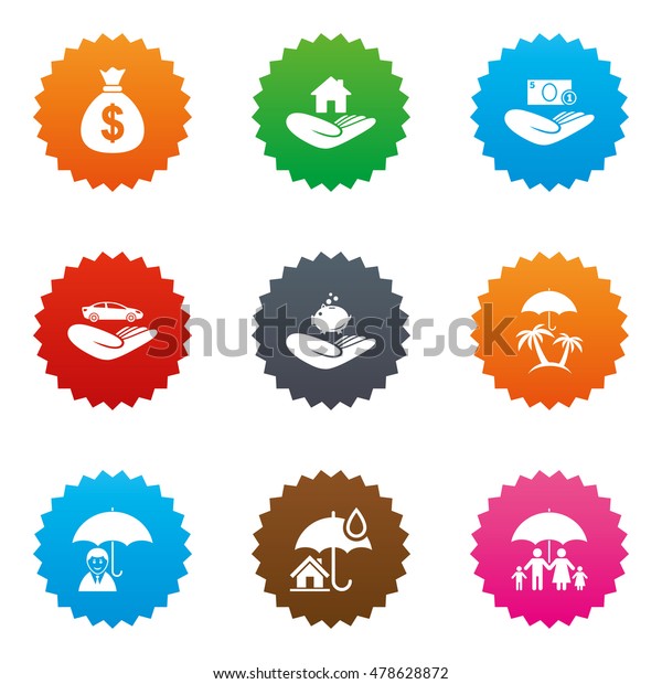 Insurance icons. Life, Real estate and House\
signs. Money bag, family and travel symbols. Stars label button\
with flat icons.\
Vector
