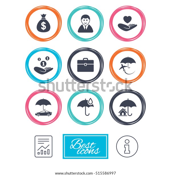 Insurance icons. Life, Real estate and House\
signs. Saving money, vehicle and umbrella symbols. Report document,\
information icons.\
Vector