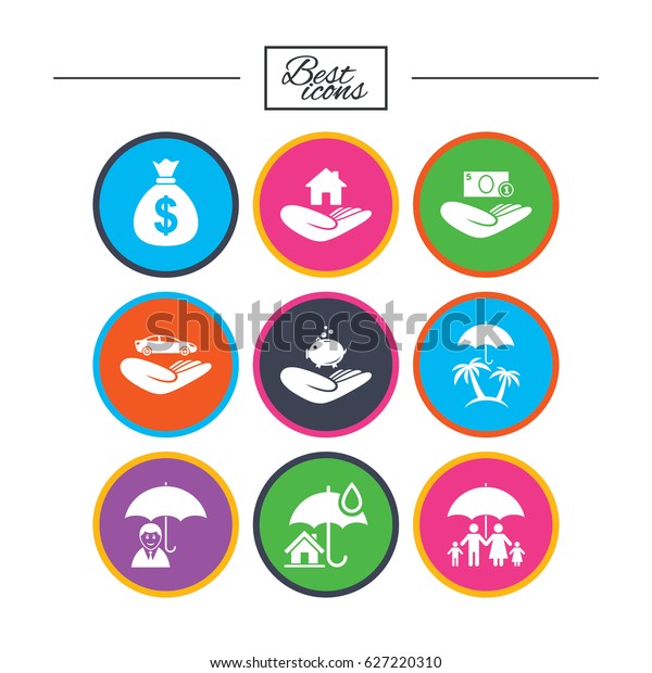 Insurance icons. Life, Real estate and House\
signs. Money bag, family and travel symbols. Classic simple flat\
icons. Vector