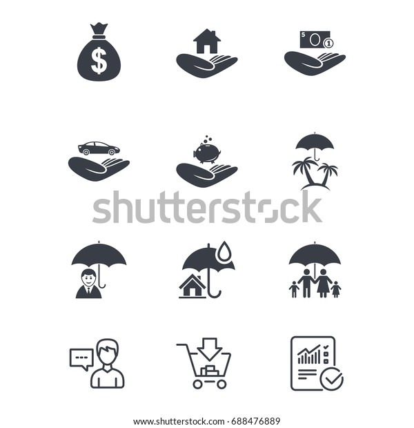 Insurance\
icons. Life, Real estate and House signs. Money bag, family and\
travel symbols. Customer service, Shopping cart and Report line\
signs. Online shopping and Statistics.\
Vector