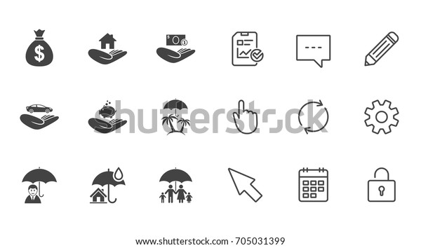 Insurance icons. Life, Real estate and House\
signs. Money bag, family and travel symbols. Chat, Report and\
Calendar line signs. Service, Pencil and Locker icons. Click,\
Rotation and Cursor.\
Vector