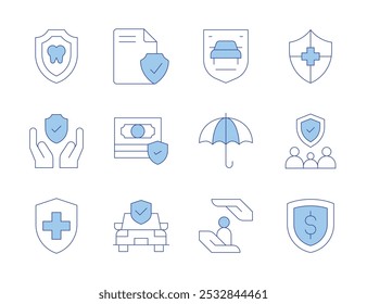 Insurance icons. Line Duotone style, editable stroke. shield, car insurance, safety, protect, insurance, dental, hands, file, health, family.
