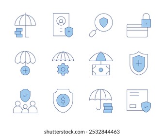 Insurance icons. Line Duotone style, editable stroke. security, life insurance, investment insurance, protection, risk management, health, credit card, family.