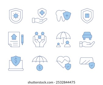 Insurance icons. Line Duotone style, editable stroke. family, health insurance, protection, insurance, hand, dental care, car, coronavirus.