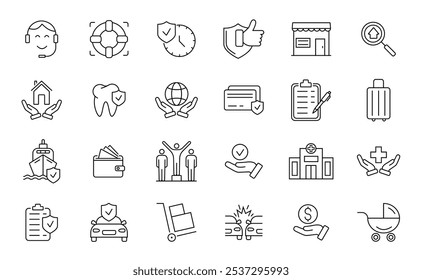 Insurance icons . Medical, life, car, travel, house, money. Vector illustration