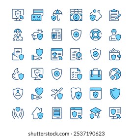 Insurance icons. Outline symbols. Vector blue line icons set