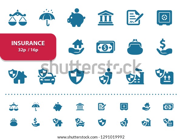 Insurance\
Icons. Professional, pixel perfect icons, EPS 10 format, optimized\
for 32p and 16p (2x magnification for\
preview).