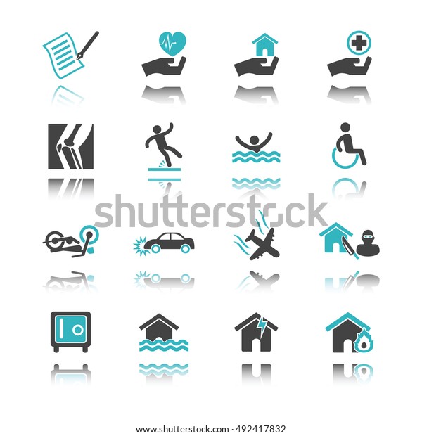 insurance icons with reflection isolated on\
white background
