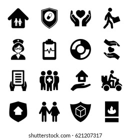 Insurance icons set. set of 16 insurance filled icons such as holding document, heartbeat clipboard, courier, courier on motorcycle, hands holding heart, medical group, nurse