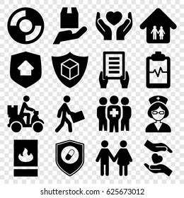 Insurance icons set. set of 16 insurance filled icons such as holding document, heartbeat clipboard, courier, courier on motorcycle, cargo protection, hands holding heart