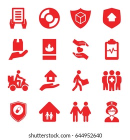 Insurance icons set. set of 16 insurance filled icons such as holding document, heartbeat clipboard, courier, courier on motorcycle, cargo protection, hands holding heart