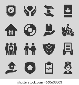 Insurance icons set. set of 16 insurance filled icons such as holding document, heartbeat clipboard, courier on motorcycle, cargo protection, hands holding heart