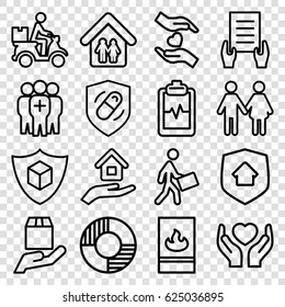 Insurance icons set. set of 16 insurance outline icons such as holding document, heartbeat clipboard, courier, courier on motorcycle, cargo protection, hands holding heart