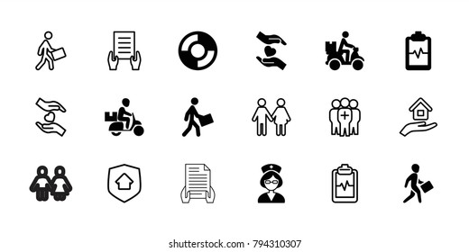 Insurance icons. set of 18 editable filled and outline insurance icons: heartbeat clipboard, courier, courier on motorcycle, hands holding heart, nurse, lifebuoy