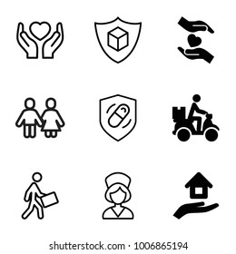 Insurance icons. set of 9 editable filled and outline insurance icons such as courier on motorcycle, hands holding heart, courier, nurse