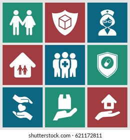 Insurance icons set. set of 9 insurance filled icons such as cargo protection, hands holding heart, medical group, nurse, family home