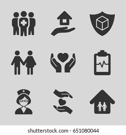 Insurance icons set. set of 9 insurance filled icons such as heartbeat clipboard, hands holding heart, medical group, nurse, family home