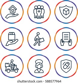 insurance icons set. Set of 9 insurance outline icons such as holding document, courier, courier on motorcycle, cargo protection, medical group