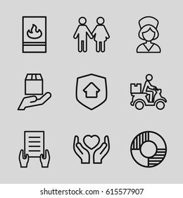 Insurance icons set. set of 9 insurance outline icons such as holding document, courier on motorcycle, cargo protection, hands holding heart, nurse, fire protection