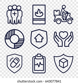 Insurance icons set. set of 9 insurance outline icons such as heartbeat clipboard, courier on motorcycle, hands holding heart, medical group, fire protection, home security