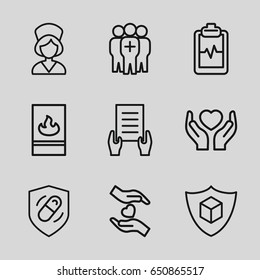 Insurance icons set. set of 9 insurance outline icons such as holding document, heartbeat clipboard, hands holding heart, medical group, nurse