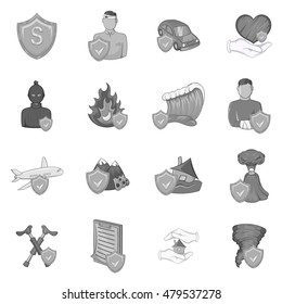 Insurance icons set in black monochrome style. Various types of insurance set collection vector illustration