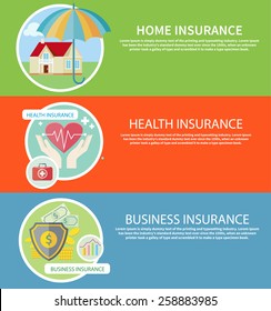 Insurance icons set concepts of home insurance, health insurance, business risk insurance. Concepts in flat design