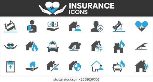 Insurance Icons Set, Containing All Insurance Icons Outlines, Vector Illustration Collection Editable eps10