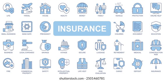 Insurance icons set in duotone outline stroke design for web. Pack pictograms of life, travel, house, health, money, family, vehicle, protection, small business, pregnancy, other. Vector illustration.