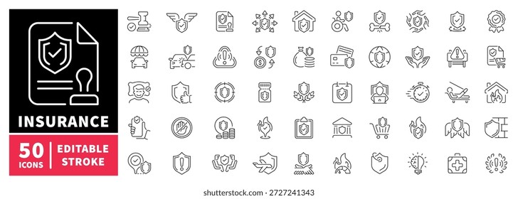 Insurance icons set. editable line icons, outline, protection and security symbols