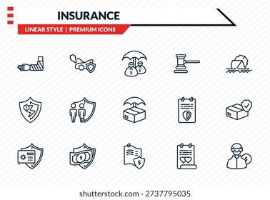 insurance icons set - fracture, engine problems, problem electric, actual cash value, robbery outline vector collection.