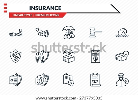 insurance icons set - fracture, engine problems, problem electric, actual cash value, robbery outline vector collection.